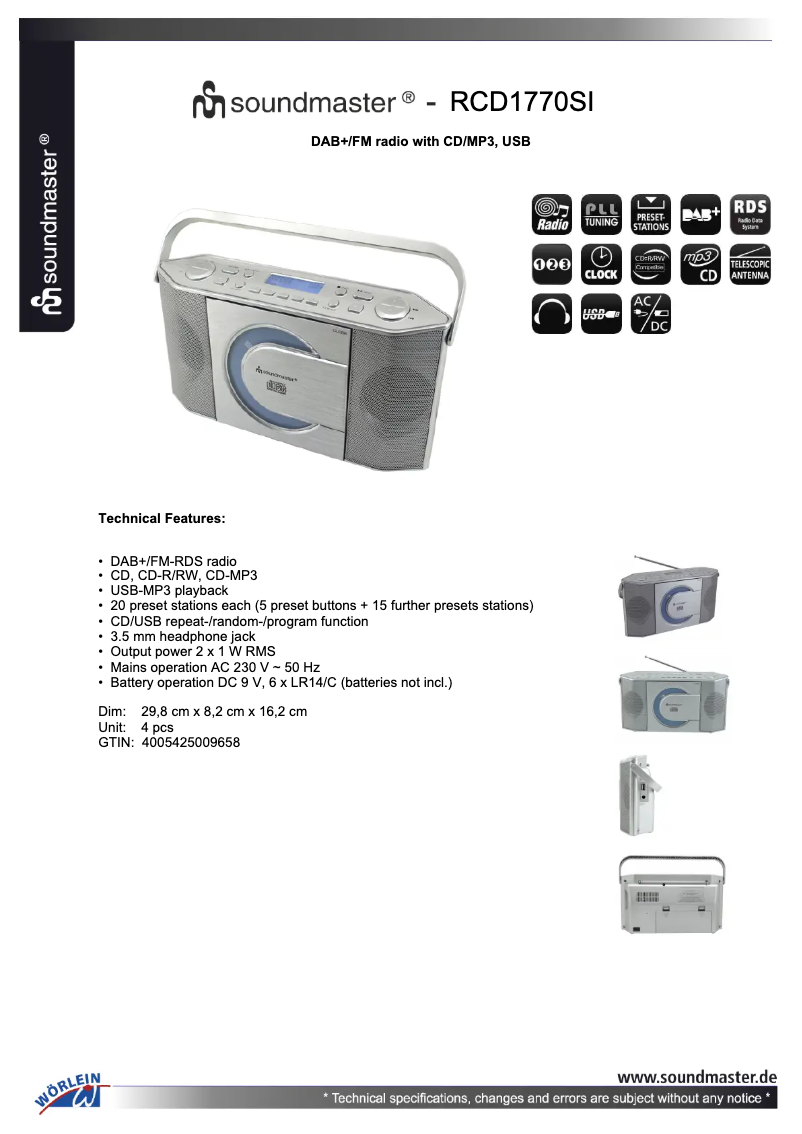 Page 1 de la notice Fiche technique Soundmaster RCD1770