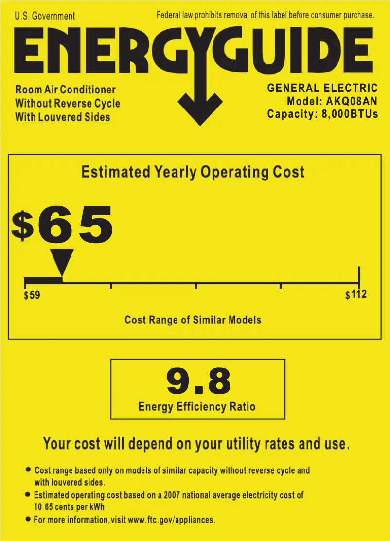 Page 1 de la notice Label énergétique GE AKQ08AN