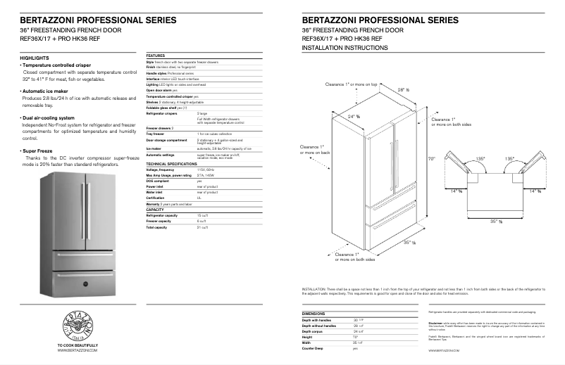 Page 1 de la notice Fiche technique Bertazzoni REF36X/17