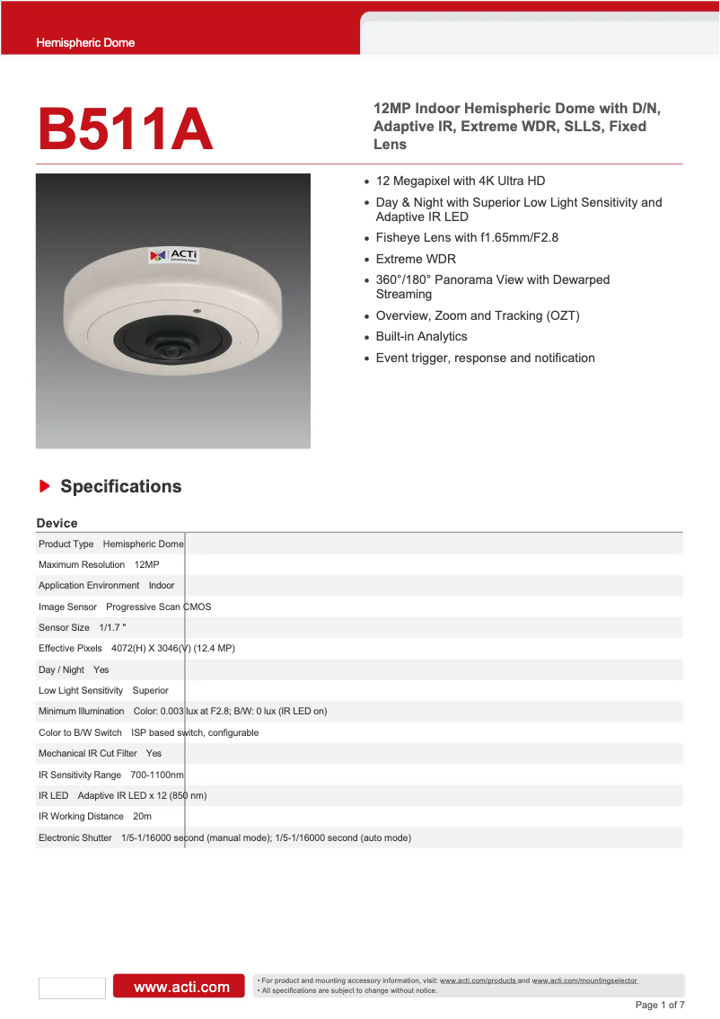 Page 1 de la notice Fiche technique ACTi B511A