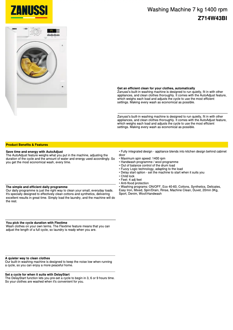 Page n°1 - Fiche technique Zanussi Z714W43BI