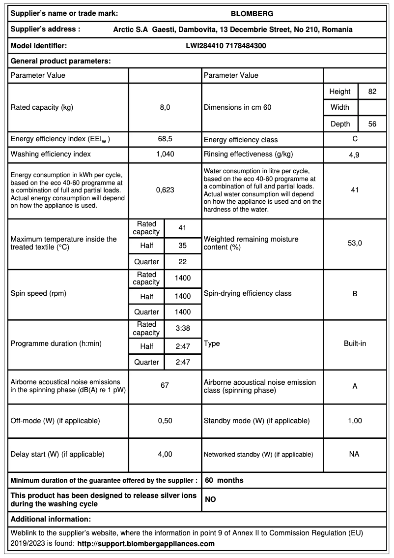 Page 1 de la notice Fiche technique Beko LWI284410