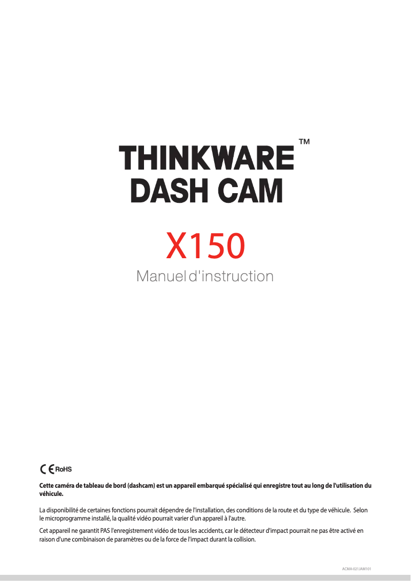 Page 1 de la notice Manuel utilisateur Thinkware Dash Cam X150