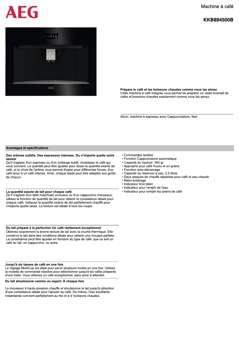 Page 1 de la notice Fiche technique AEG KKB894500B