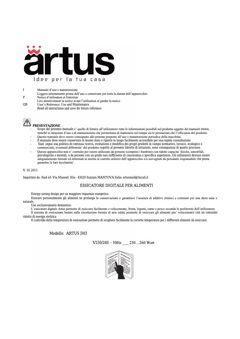 Page 1 de la notice Manuel utilisateur Reber Artus D03
