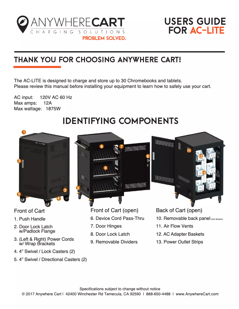 Page 1 de la notice Manuel utilisateur Anywhere Cart AC-LITE