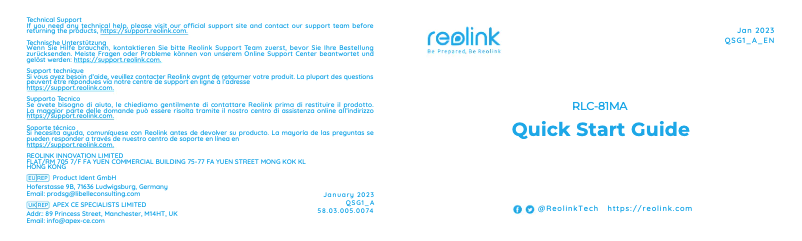 Page 1 de la notice Manuel utilisateur Reolink RLC-81MA