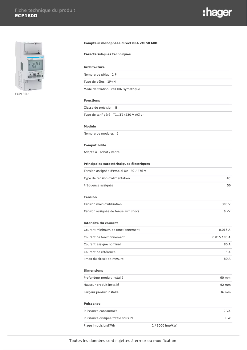 Page n°1 - Fiche technique Hager ECP180D