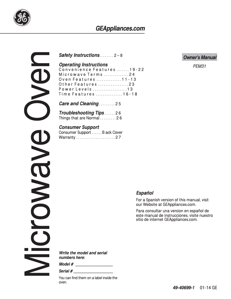 Page n°1 - Mode d'emploi GE PEM31DFCC Profile