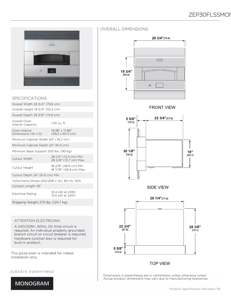 Página 1 del manual Ficha técnica Monogram ZEP30FLSS