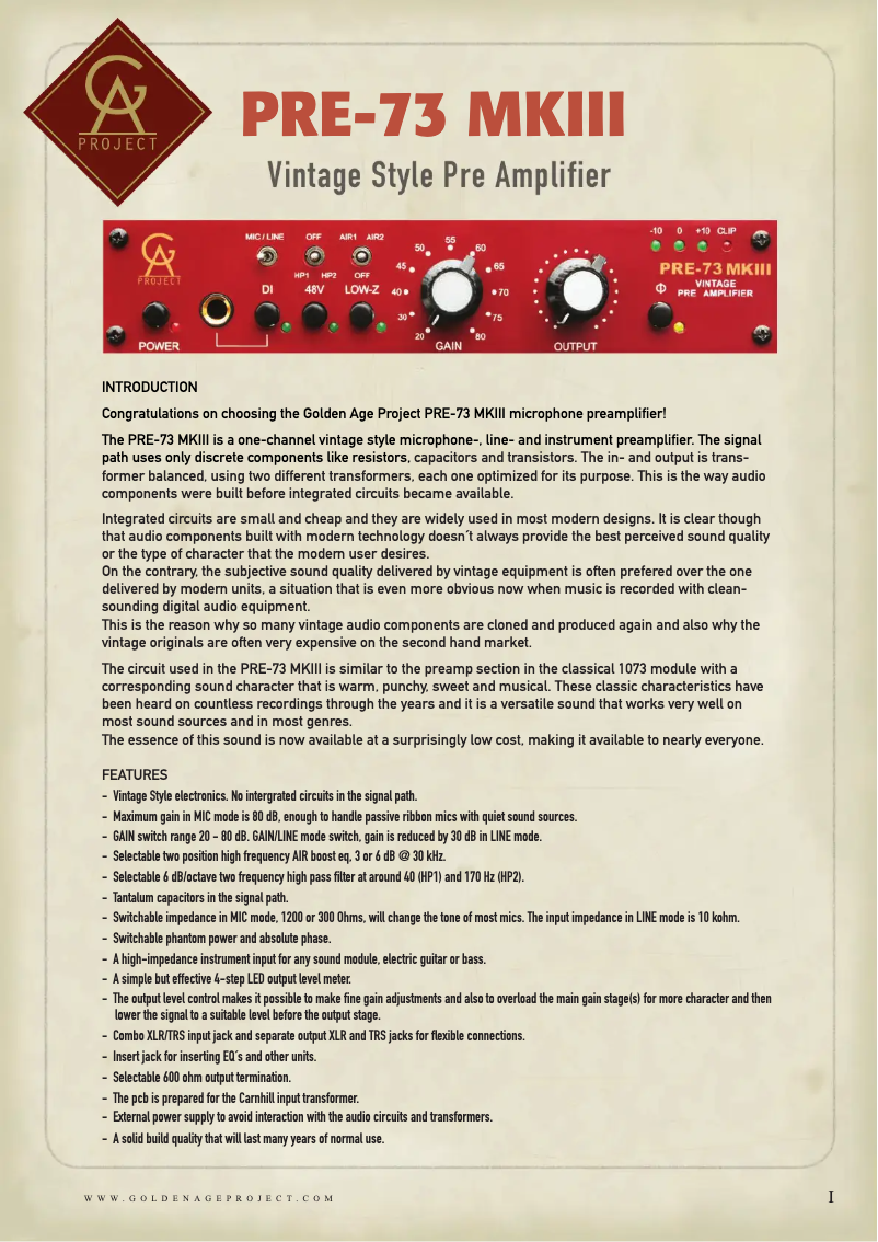 Page n°1 - Manuel utilisateur Golden Age Project PRE-73 MKIII