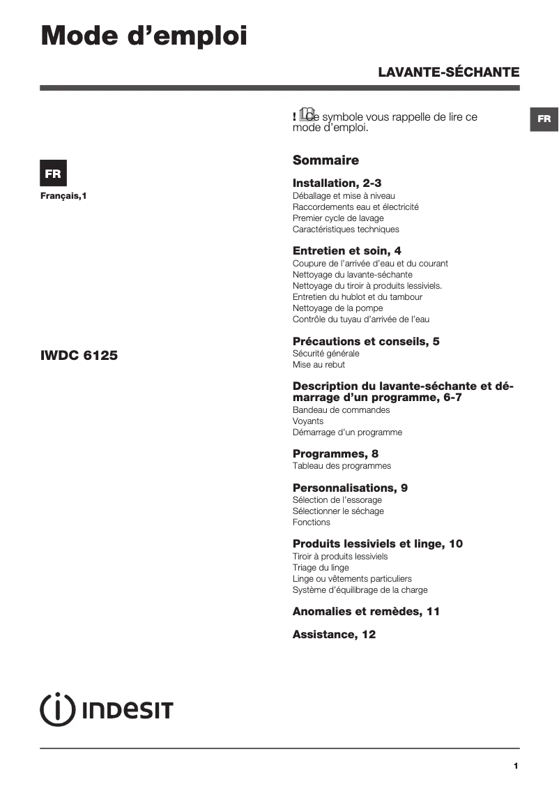 Image de la première page du manuel de l'appareil IWDC 6125 (FR)