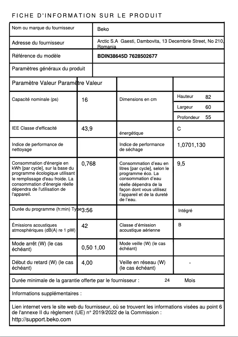 Page 1 de la notice Fiche technique Beko BDIN38645D