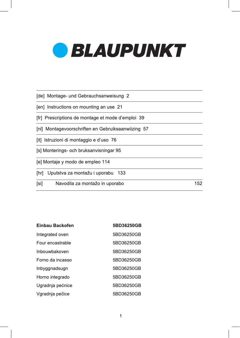 Page 1 de la notice Manuel utilisateur Blaupunkt 5BD36250GB