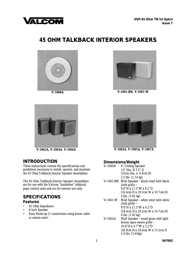 Page n°1 - Manuel utilisateur Valcom V-1064A