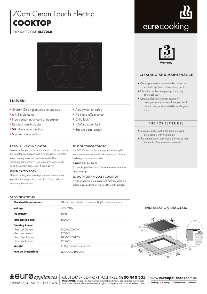 Page 1 de la notice Fiche technique Euro Appliances ECT70C6
