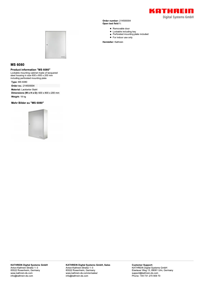 Page 1 de la notice Fiche technique Kathrein MS 6080