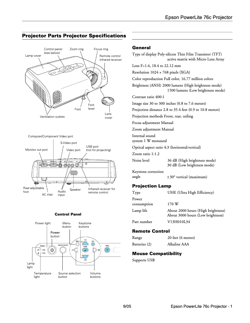 Page 1 de la notice Fiche technique Epson PowerLite 76c