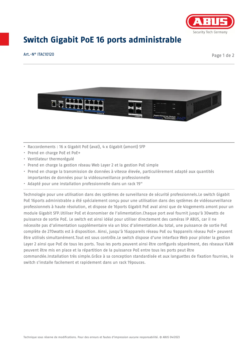 Página 1 del manual Ficha técnica Abus ITAC10120