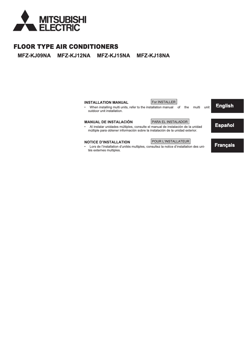 Page 1 de la notice Guide d'installation Mitsubishi MFZ-KJ15NA-U1