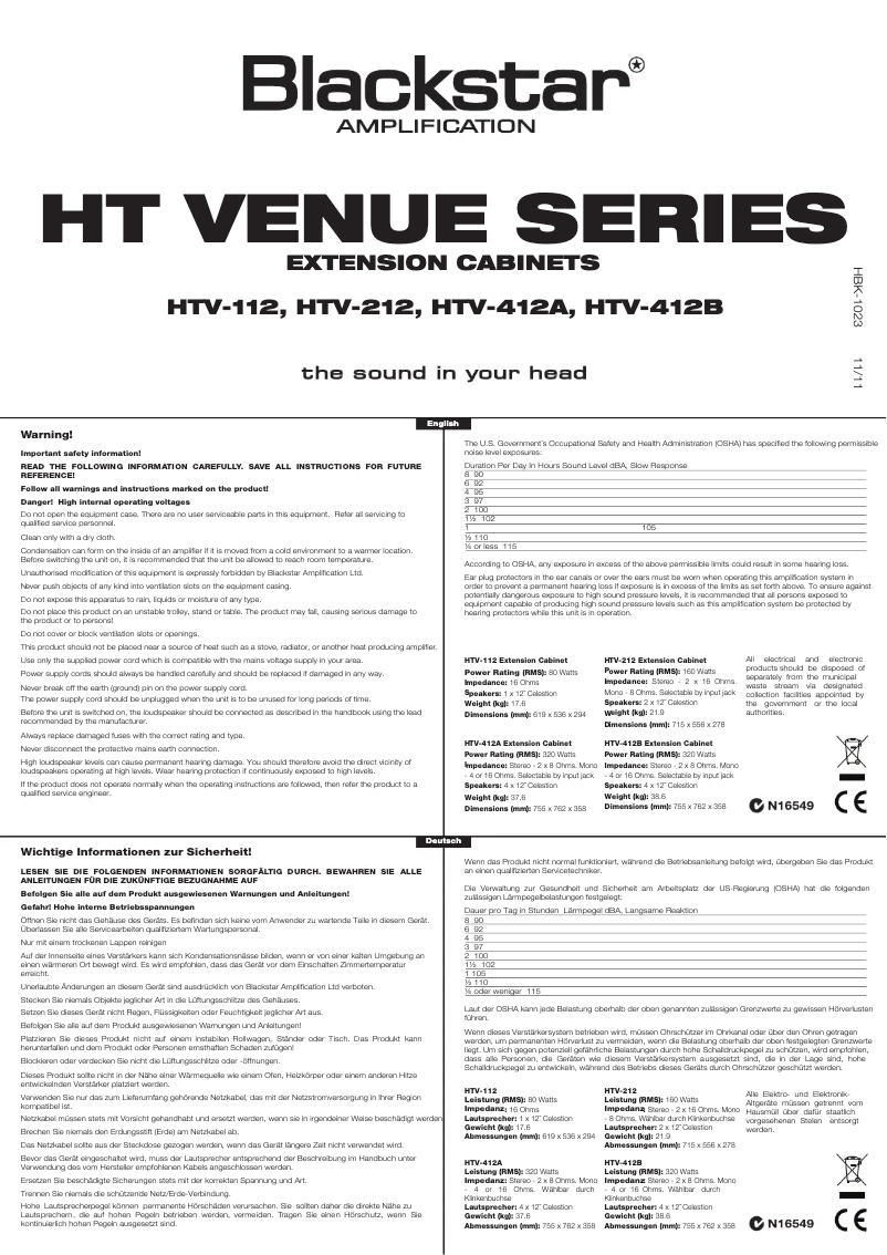 Page 1 de la notice Manuel utilisateur Blackstar HTV-412A