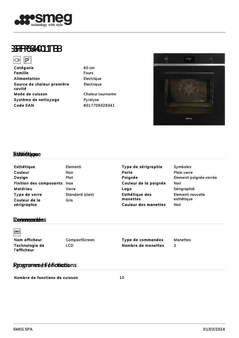 Page n°1 - Fiche technique Smeg SFP6401TB