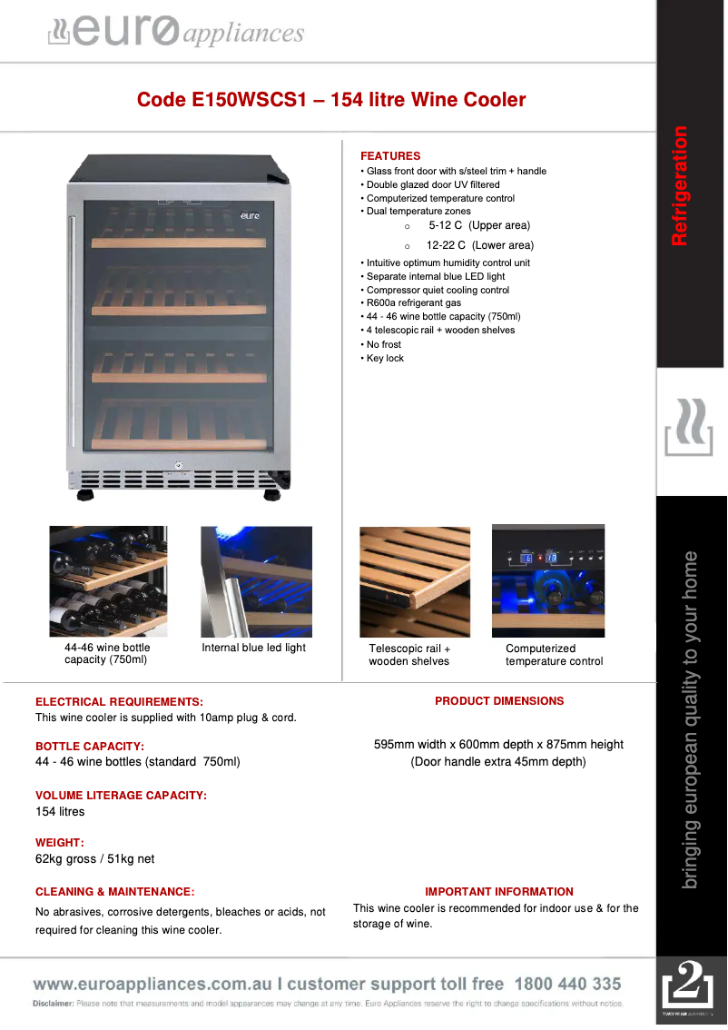 Page 1 de la notice Fiche technique Euro Appliances E150WSCS1