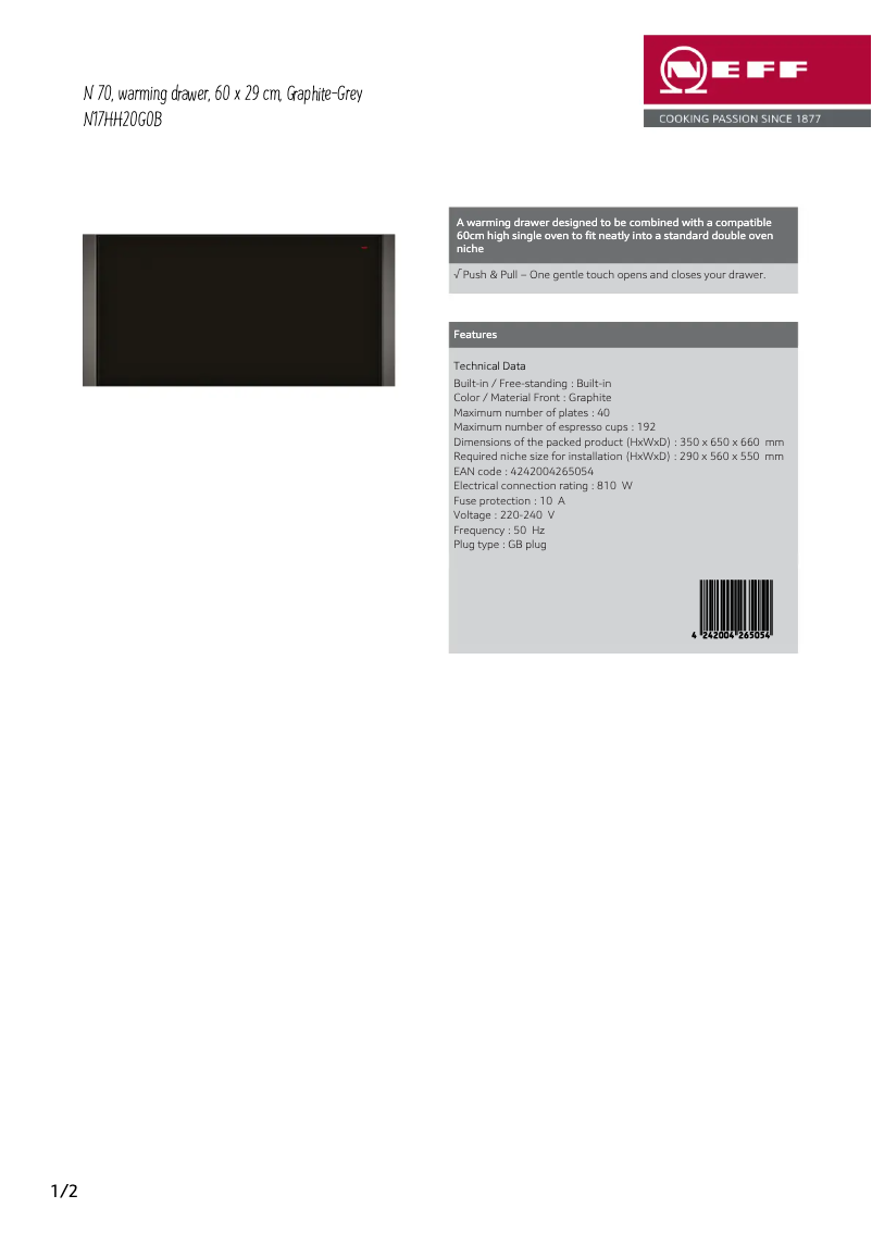 Page 1 de la notice Fiche technique Neff N17HH20G0B
