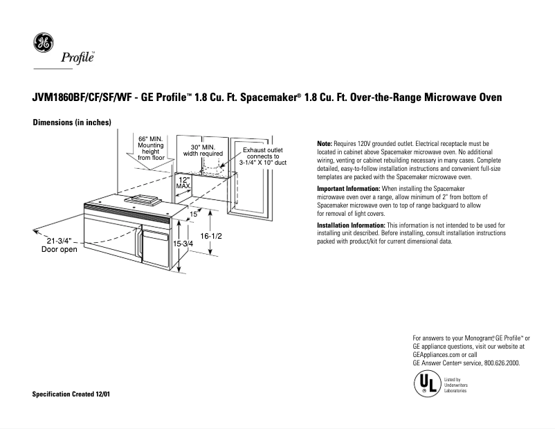 Page n°1 - Fiche technique GE JVM1860WD