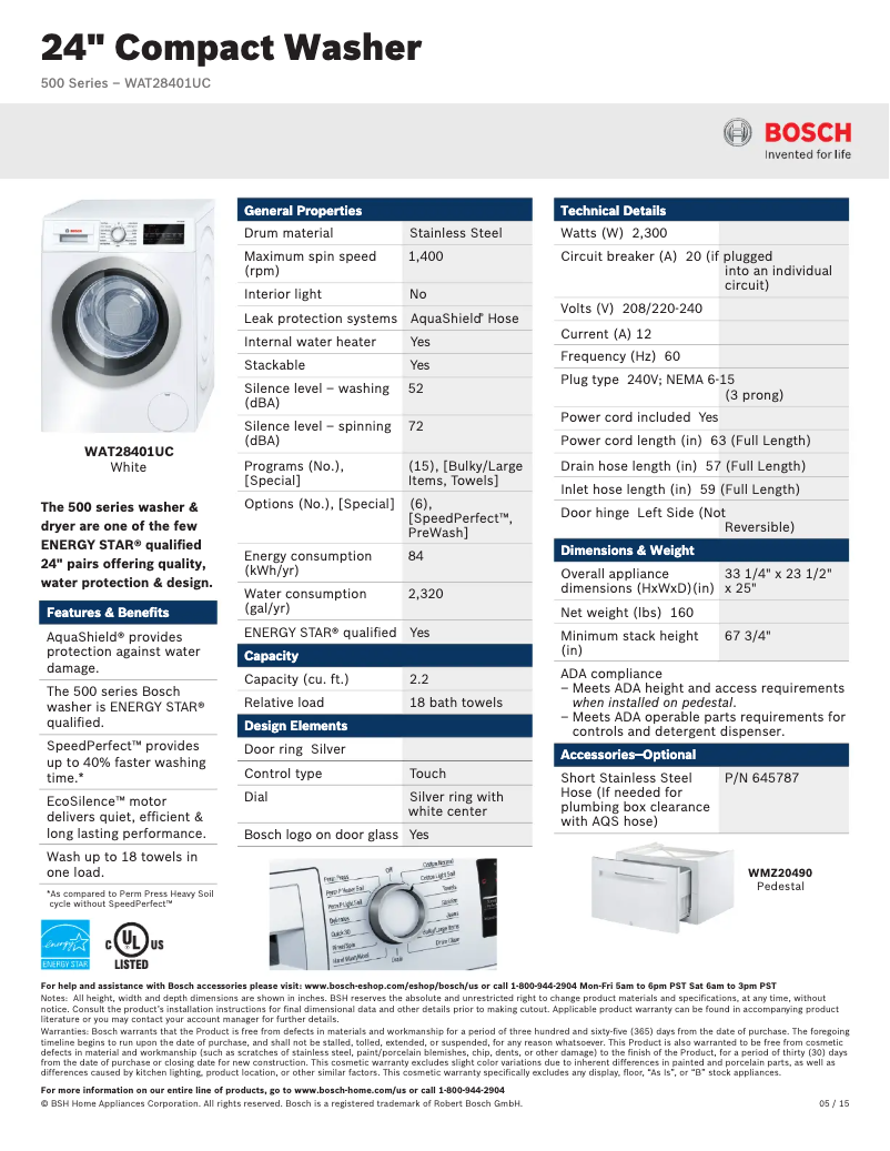Página 1 del manual Ficha técnica Bosch WAT28401U