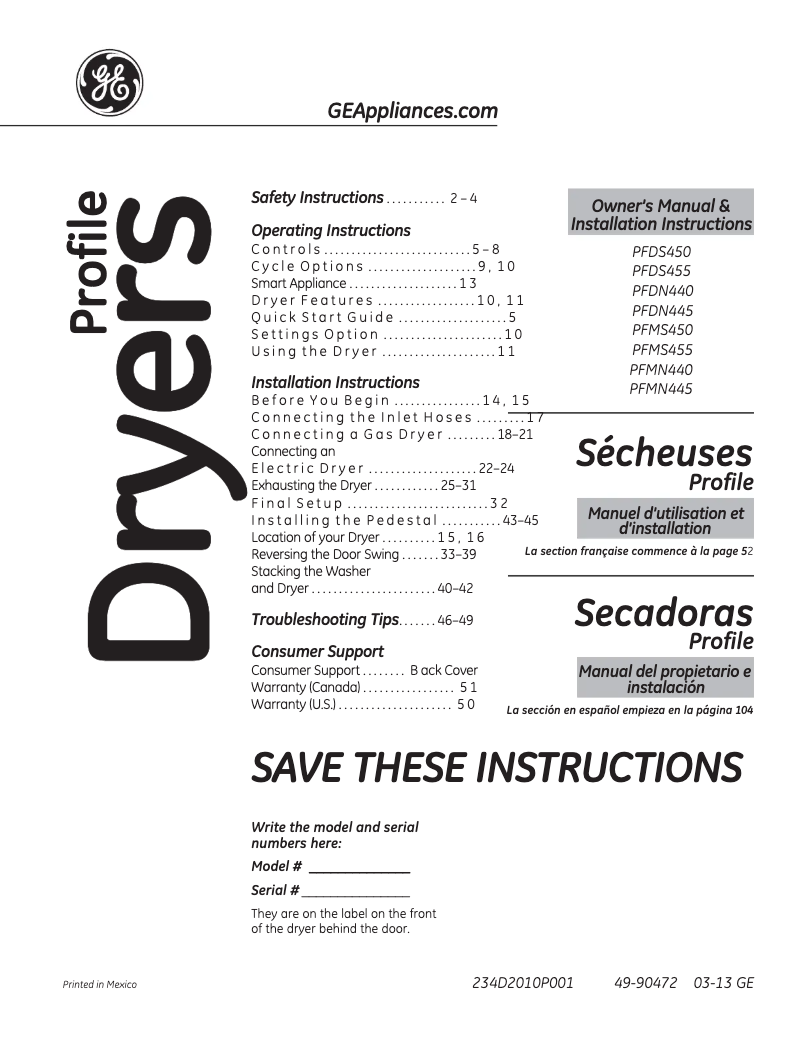 Page 1 de la notice Manuel d'utilisation et d'entretien GE Profile PFDS450ELWW