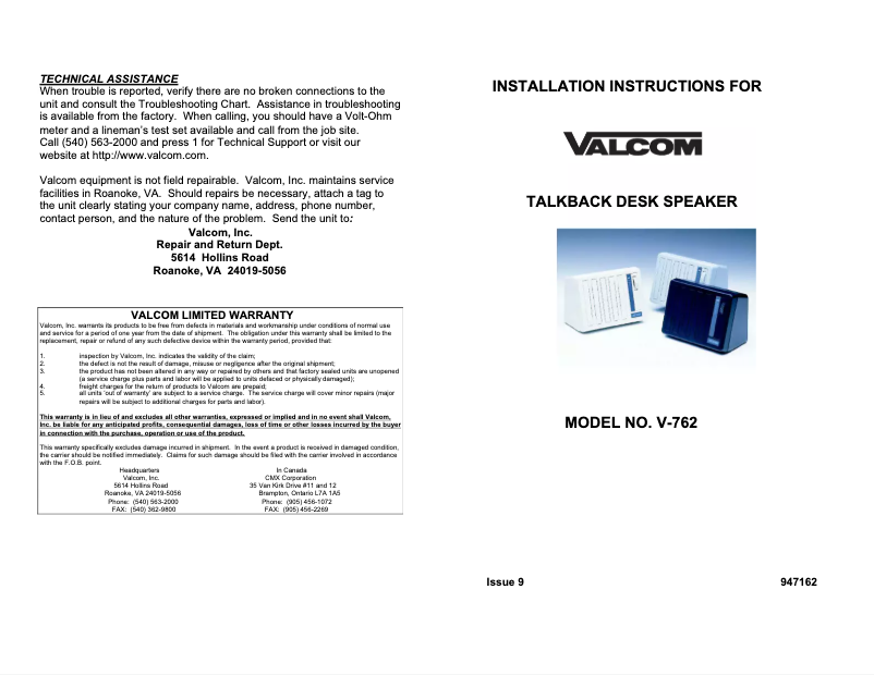 Page 1 of the manual User Manual Valcom V-762