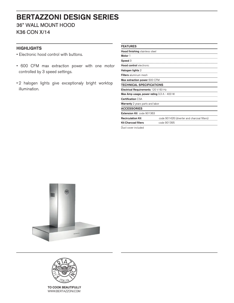 Page 1 de la notice Fiche technique Bertazzoni K36CONX/14