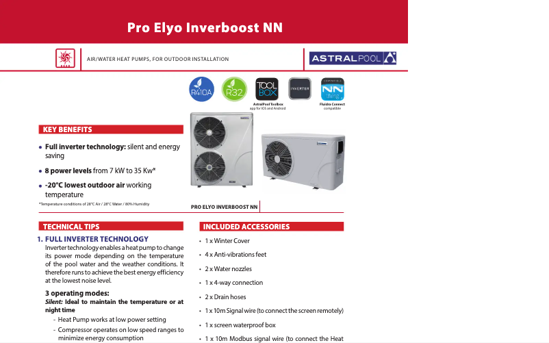 Page 1 de la notice Fiche technique AstralPool Pro Elyo Inverboost NN