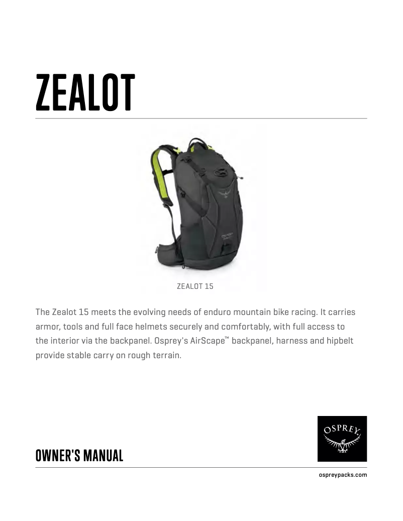 Page n°1 - Manuel utilisateur Osprey Zealot 15
