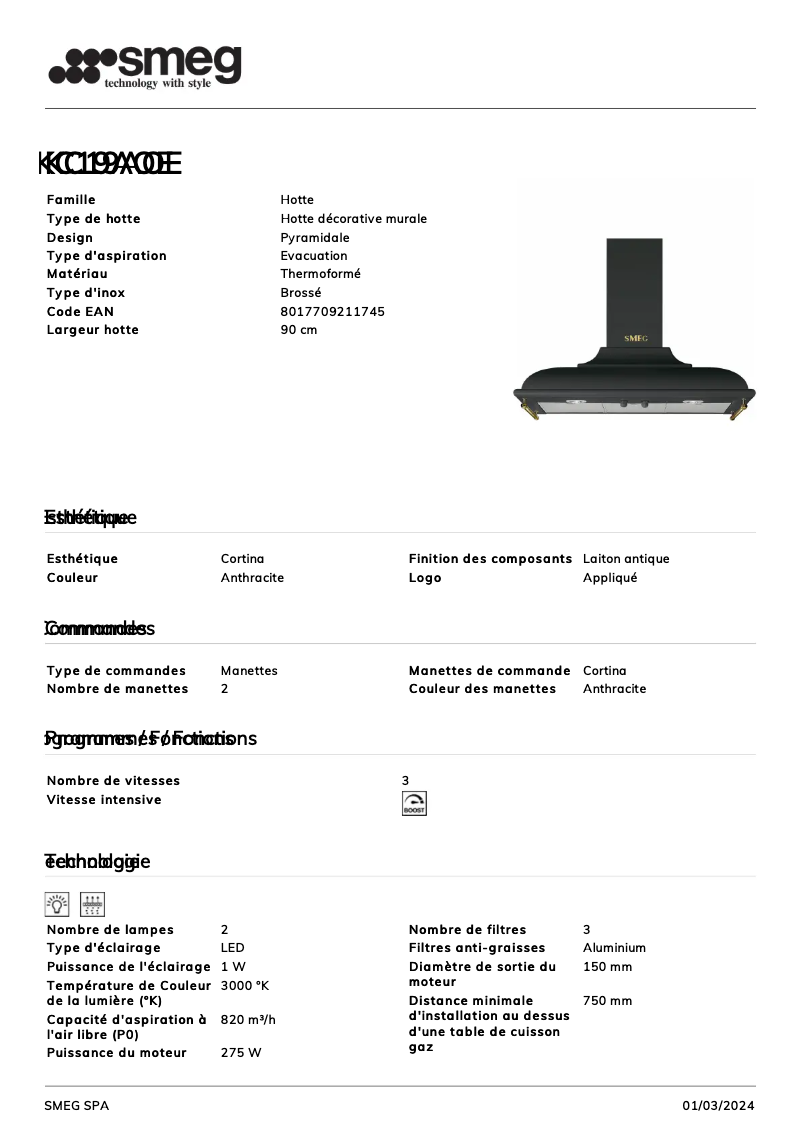 Page 1 de la notice Fiche technique Smeg KC19AOE