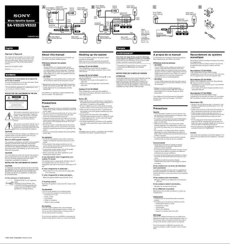Page n°1 - Manuel utilisateur Sony SA-VE522