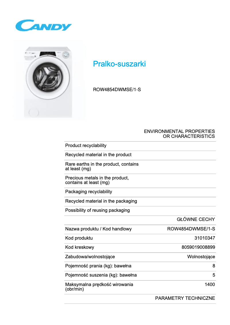 Page 1 de la notice Fiche technique Candy ROW4854DWMSE/1-S