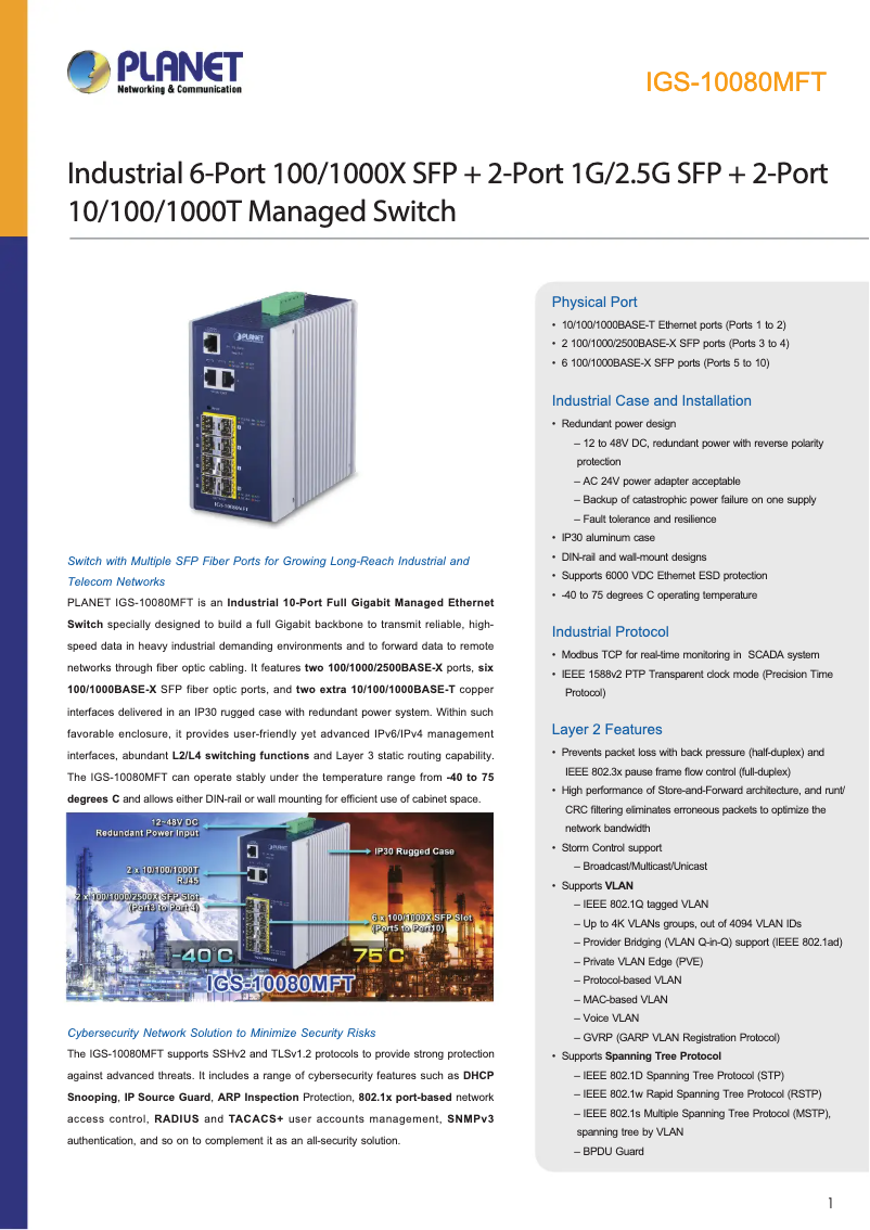 Page 1 de la notice Fiche technique Planet IGS-10080MFT