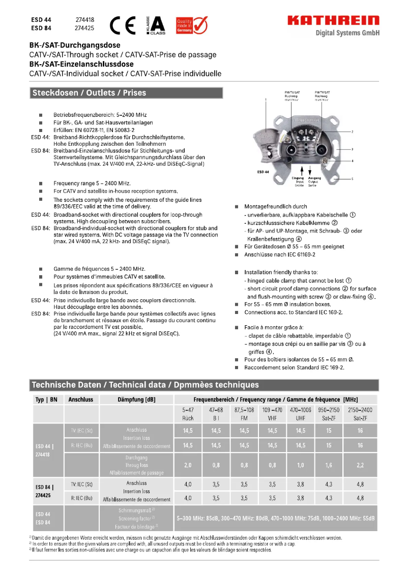 Page 1 de la notice Fiche technique Kathrein ESD 44