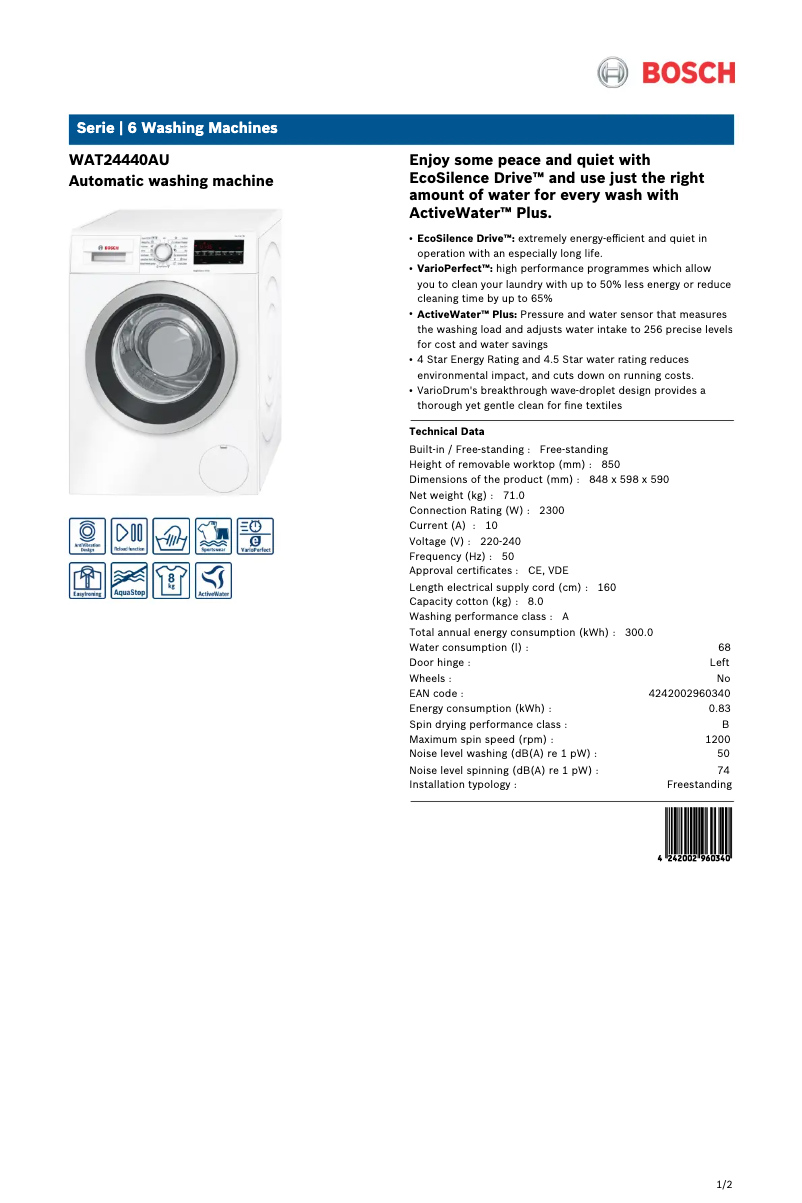Page 1 de la notice Fiche technique Bosch WAT24440AU