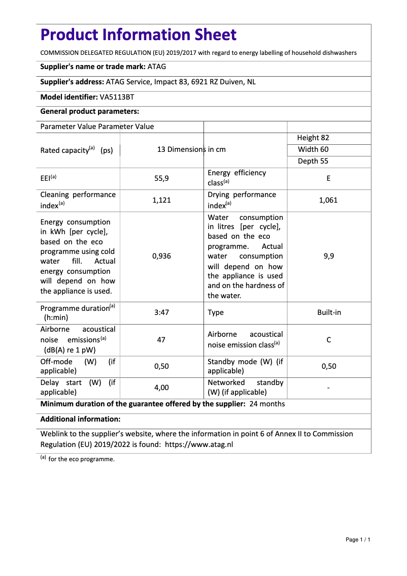 Page 1 de la notice Fiche technique Atag VA5113BT