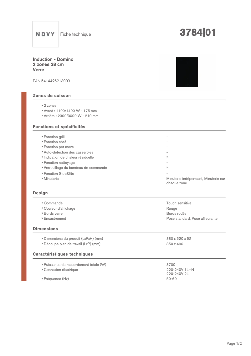 Page 1 de la notice Fiche technique Novy Domino 3784