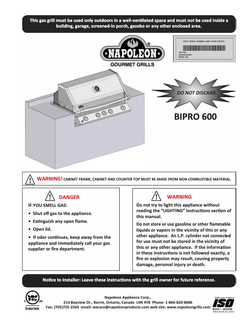 Page 1 de la notice Manuel utilisateur Napoleon BIPRO 600