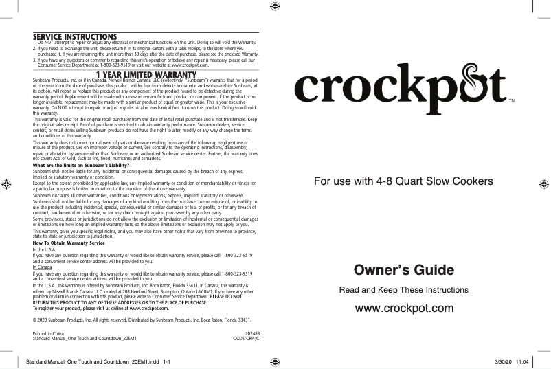 Page 1 de la notice Manuel utilisateur Crock-Pot SCV401-RP-BR