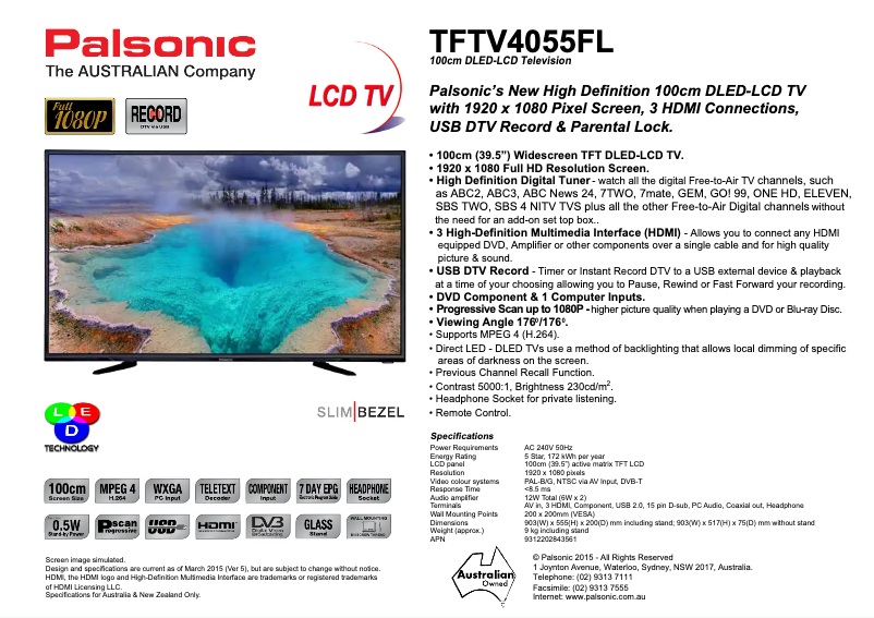 Page n°1 - Manuel utilisateur Palsonic TFTV4055FL