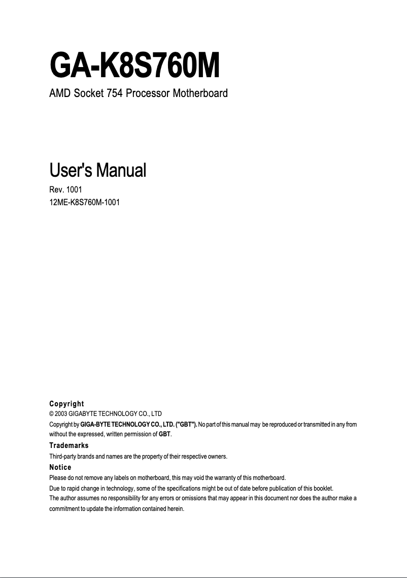 Page 1 de la notice Manuel utilisateur Gigabyte GA-K8S760M
