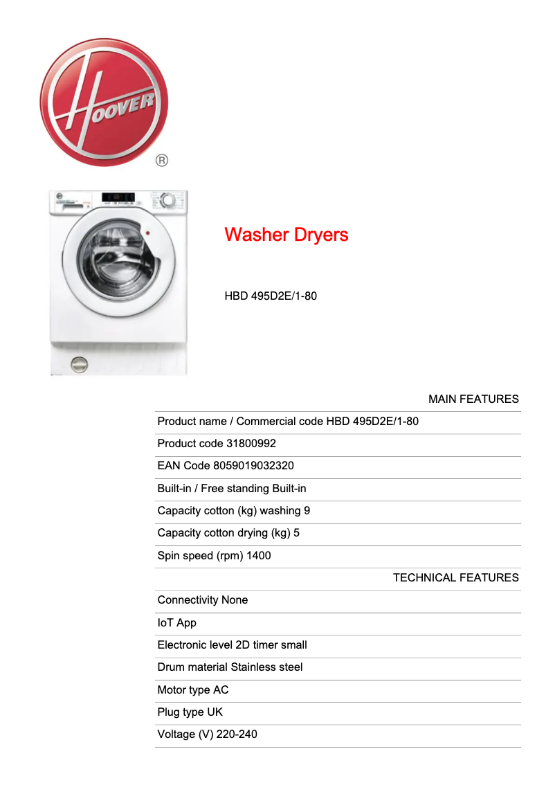 Page n°1 - Fiche technique Hoover HBD 495D2E/1-80