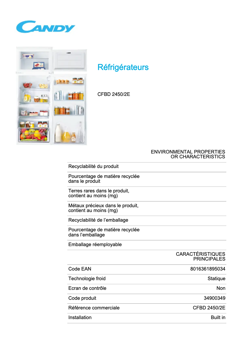 Page 1 de la notice Fiche technique Candy CFBD 2450/2E