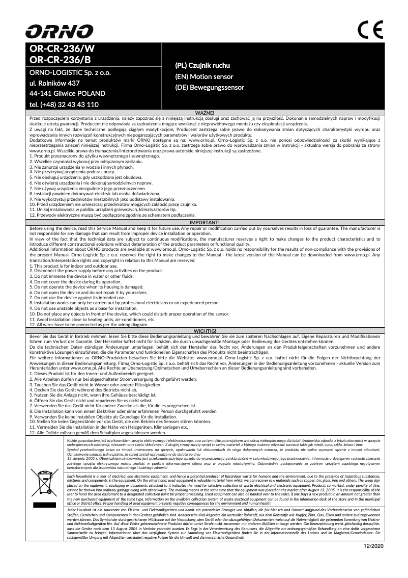 Page n°1 - Manuel utilisateur ORNO OR-CR-236